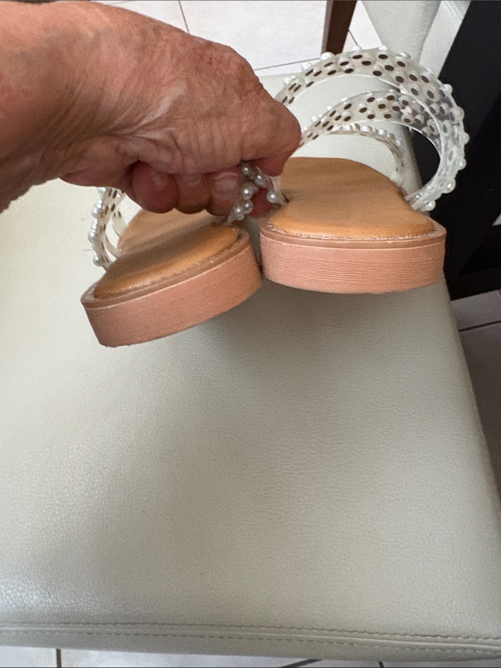 Nicole Miller Clear Pearl-Embellished Tan Slide Sandals - Picture 3 of 4